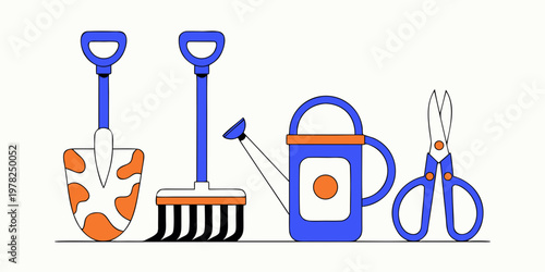 Collection of stylized garden hand tools featuring shovel rake blue watering can pruning scissors in a minimalist graphic style gardening watering scissors equipment agriculture