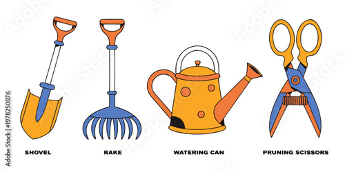 Set of gardening tools line art illustrations including shovel rake watering can and pruning scissors with watering scissors gardening equipment horticulture agriculture outdoors