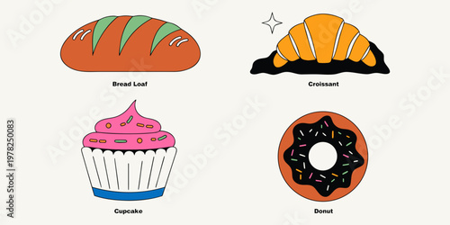 Bakery items illustration featuring bread loaf croissant cupcake and glazed donut croissant breakfast delicious doughnut sprinkles restaurant illustration collection colorful