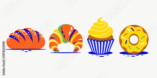 Colorful bakery assortment featuring bread loaf croissant cupcake and glazed donut croissant colorful breakfast delicious doughnut sprinkles restaurant illustration collection