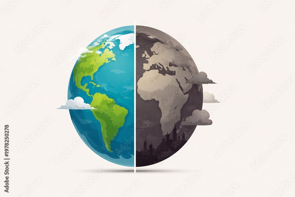 Obraz premium Earth divided into a lush healthy side and a polluted industrial side showing the global climate crisis impact