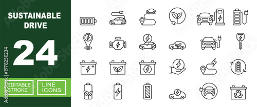 Sustainable Drive set of web icons in line style. Containing battery, car, route, leaf, station, plug, location, engine, energy, vehicle, key, accumulator and more. Editable stroke icons collection.