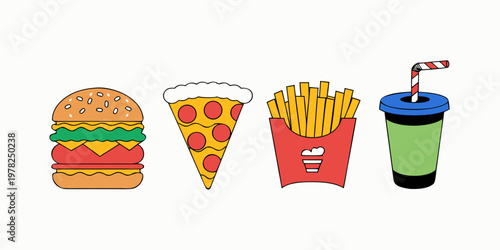 Fast food icons set featuring hamburger pizza slice french fries in red container and drink cup junk food icon snack bar hamburger restaurant delicious appetite pepperoni