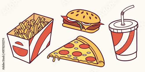 Fast food meal assortment featuring crispy french fries cheeseburger and pepperoni pizza slice with beverage junk food set snack bar restaurant delicious cheeseburger