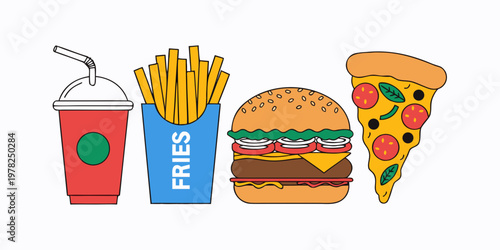 Fast food combo menu items including soda fries hamburger and a slice of pepperoni pizza junk food french fries food set snack bar restaurant delicious pepperoni hamburger