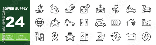 Power Supply set of web icons in line style. Containing plug, route, car, socket, leaf, station, battery, electricity, home, parking, location, energy, recycling and more. Editable stroke icons