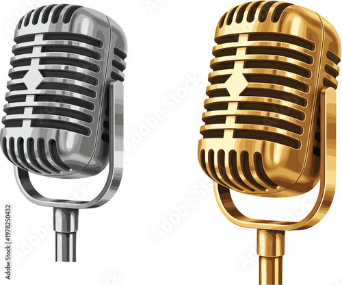 Realistic retro microphone set in gold and silver colors vintage studio audio equipment classic broadcast podcast singing isolated vector illustration