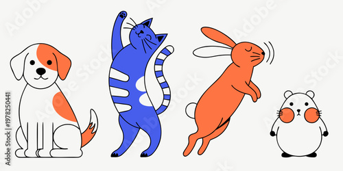 Cute cartoon pets set featuring dog cat rabbit and hamster in flat vector illustration collection domestic friendly whimsical character creatures isolated colorful