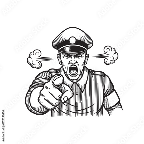 Angry Police Officer Pointing Finger Shouting Authoritative Uniform Character Vector Illustration