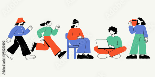Set of flat character illustrations showing daily activities like walking running sitting working on laptop and drinking coffee with activity lifestyle business character collection