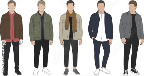 Clean flat design male clothing collection featuring five full body outfits with modern casual streetwear styling variations