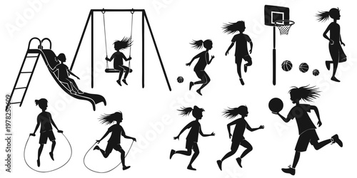 Set of black silhouettes featuring girls playing on a playground slide swing basketball and jumping rope children silhouette playground activity basketball recreation childhood