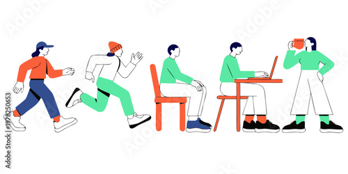 Flat illustration set featuring diverse people engaged in different activities such as walking running sitting and using a laptop activity lifestyle business character illustration