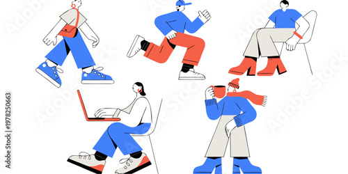 Set of flat illustrations depicting diverse characters in various daily postures including walking running sitting working and drinking with activity lifestyle business character