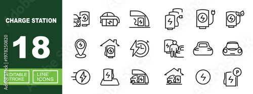 Charge Station set of web icons in line style. Containing car, station, battery, shelter, plug, leaf, location, house, timer, energy, user, garage, circle, and parking and more. Editable stroke icons 