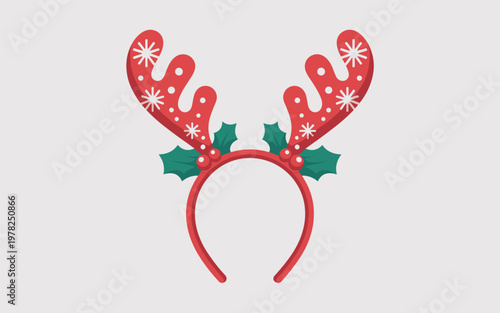 A festive Christmas reindeer headband with holly and snowflakes is worn.