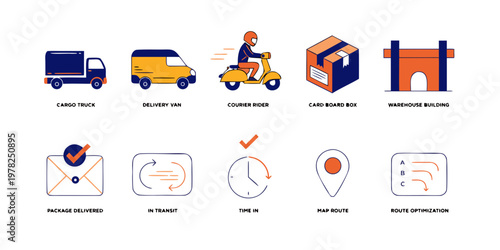 Logistics and shipping icon collection featuring cargo truck van courier rider box warehouse package delivered and route optimization icons supply chain e commerce shipping service