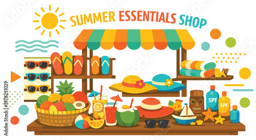 Lively summer essentials shop illustration presents array of beach items including flip-flops, hats, drinks, and sun protection for vacation needs.
