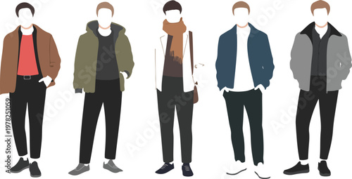 Clean flat design male clothing collection featuring five full body outfits with modern casual streetwear styling variations