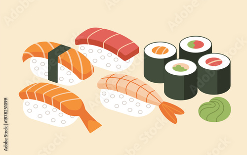 A vibrant illustration of assorted sushi rolls and sashimi on a plate