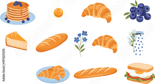 Flat vector breakfast food collection featuring pancakes croissant bread sandwich egg blueberries pastry bakery items isolated on light background illustration set