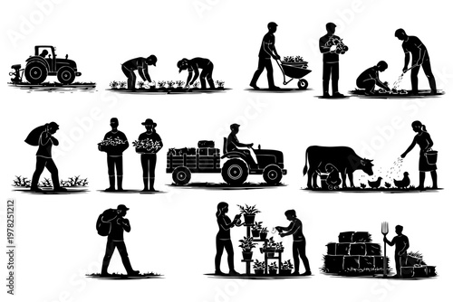Silhouette agricultural scenes with farmers and livestock activities.