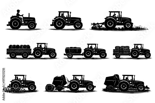 Various tractor silhouettes illustrating diverse agricultural uses and equipment.