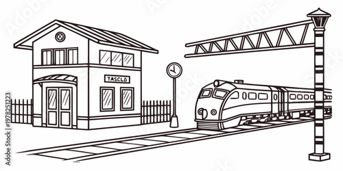 Train at station platform with fence and overhead power structure black and white hand drawn illustration platform transport railroad architecture commuter building locomotive