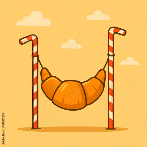 cartoon croissant hammock between candy cane posts