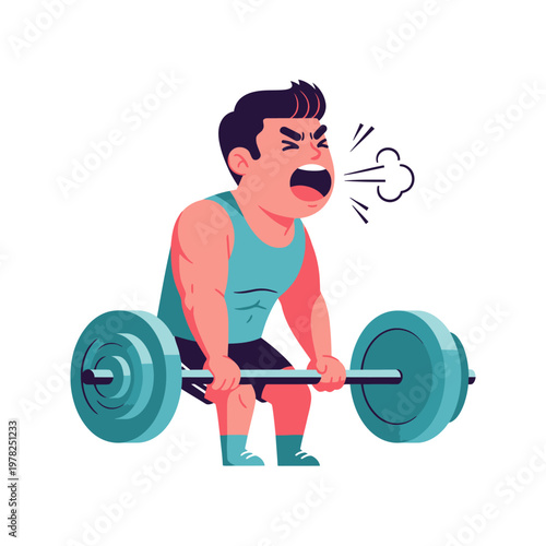 Man lifting heavy barbell with intense effort, straining during strength training workout