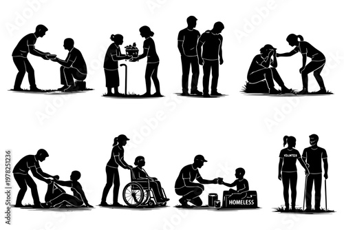 Volunteer activities helping diverse individuals in need.