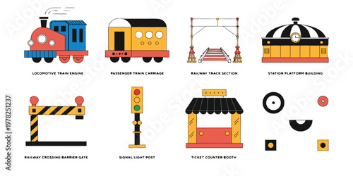 Railway transport icon set featuring train locomotive carriage tracks station and crossing signal elements transport locomotive crossing railroad carriage platform colorful