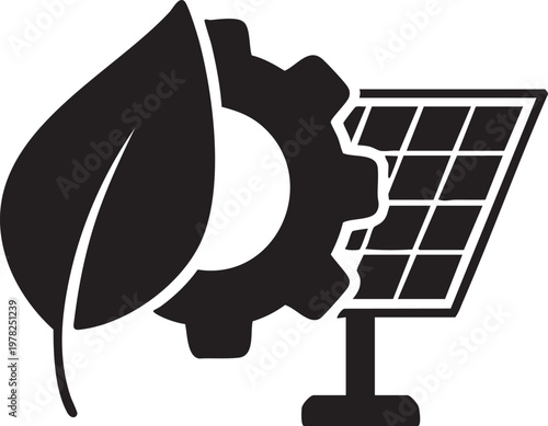 Sustainable Green Energy Leaf Gear and Solar Panel Icon