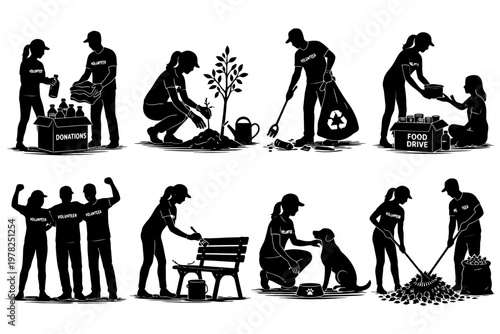 Silhouette volunteers engaged in community service activities.