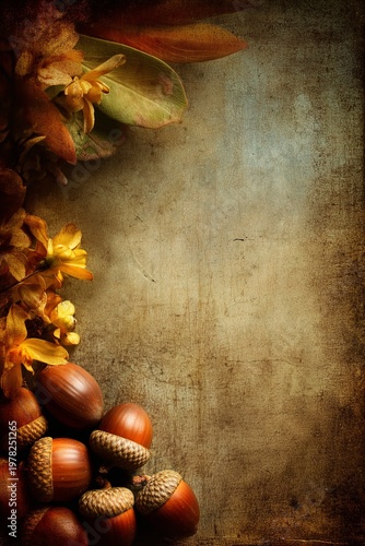 Autumn leaves in shades of brown and yellow frame the top left corner above a cluster of acorns. They rest against a textured, grunge-style background that evokes a rustic seasonal feeling.