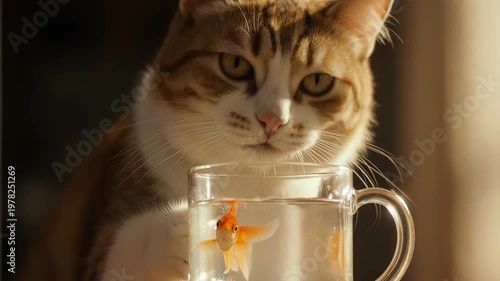 Curious cat with orange and white fur peering into a glass bowl containing a goldfish