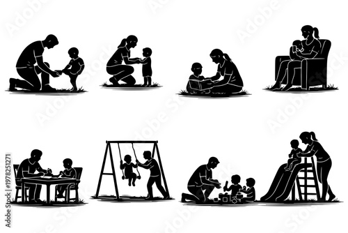 Silhouette illustrations of parental and child activities in various scenarios.