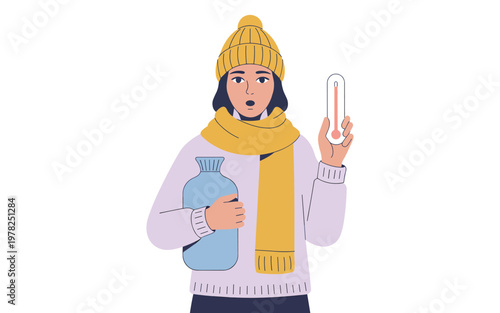 Woman wearing warm clothing holds a hot water bottle and a thermometer.
