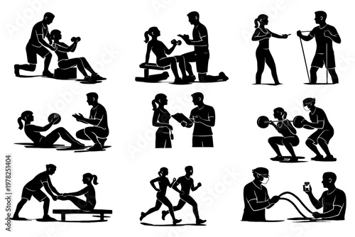 Silhouettes of people engaging in fitness training and exercise activities.