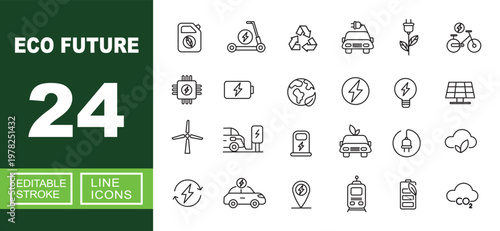 Eco Future set of web icons in line style. Containing canister, scooter, recycle, car, plug, bicycle, chip, battery, earth, energy, bulb, panel, turbine, station and more. Editable stroke icons collec