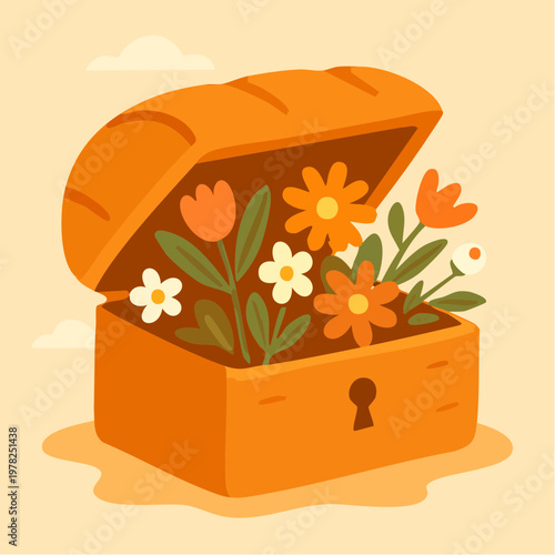 Colorful cartoon treasure chest overflowing with blooming flowers
