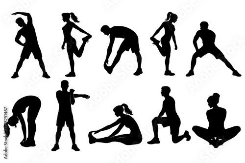 Silhouettes of men and women performing stretching exercises.