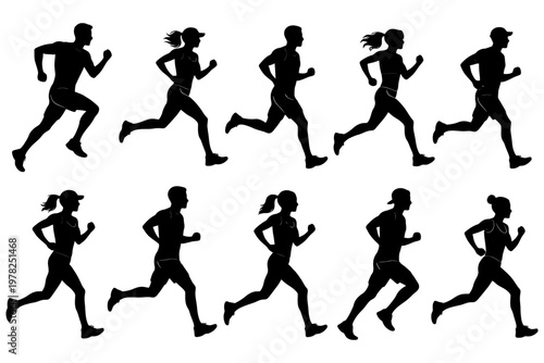 Silhouette runners: male and female joggers in motion.
