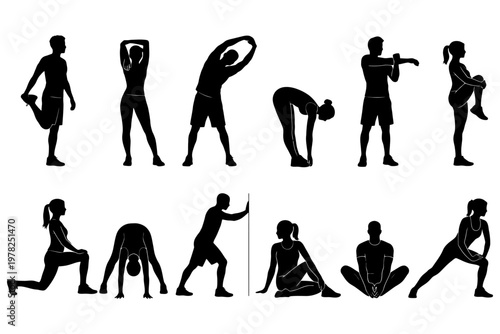 Silhouette exercises: stretching poses with young adults in varied positions.
