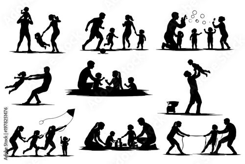 Silhouette family moments: parents and children at play in various activities.