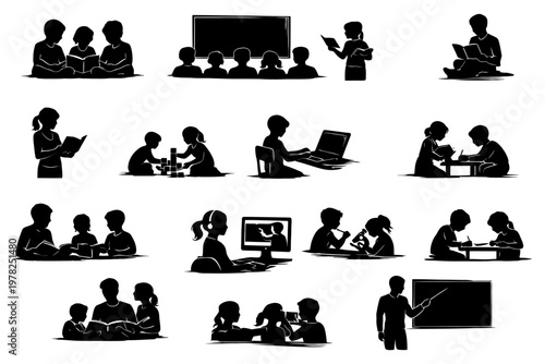 Silhouettes of diverse learning activities with children and adults in educational settings.