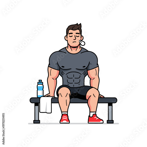 Muscular Man Resting on Gym Bench After Intense Workout