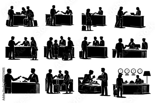 People in various hotel scenarios with staff at reception and check-in desk.