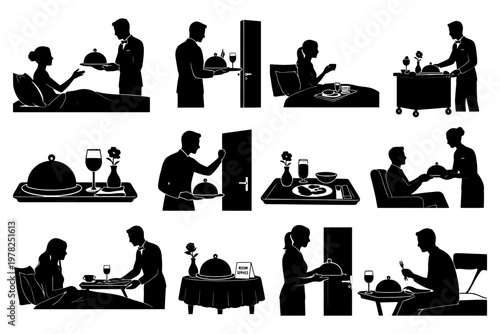 Silhouette of room service: male waiter serving female guest in various scenarios.