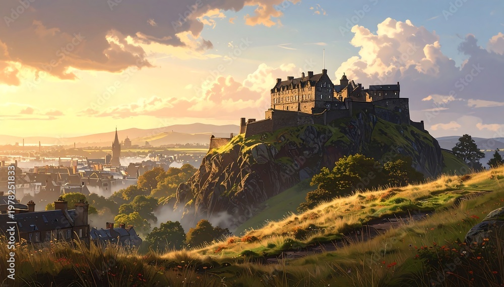 Fototapeta premium A serene castle on a hill overlooking a quaint town at sunset